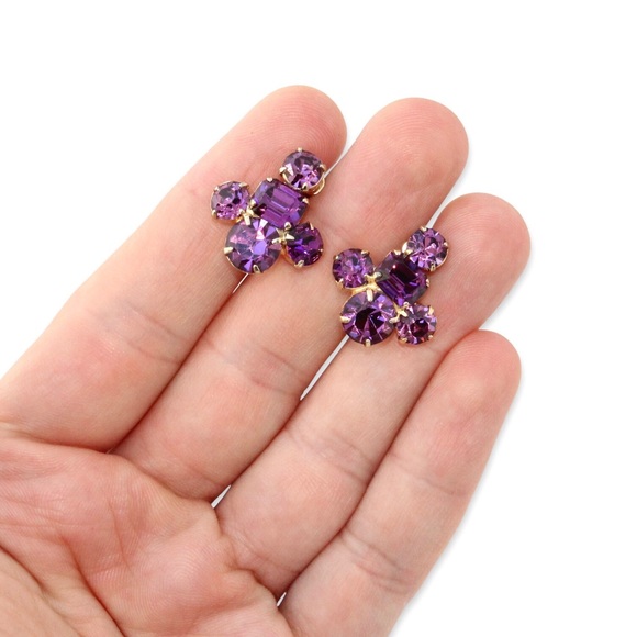 Vintage Coro Purple Rhinestone Cluster Screw Back Earrings Gold Plated Clip On - Picture 3 of 6